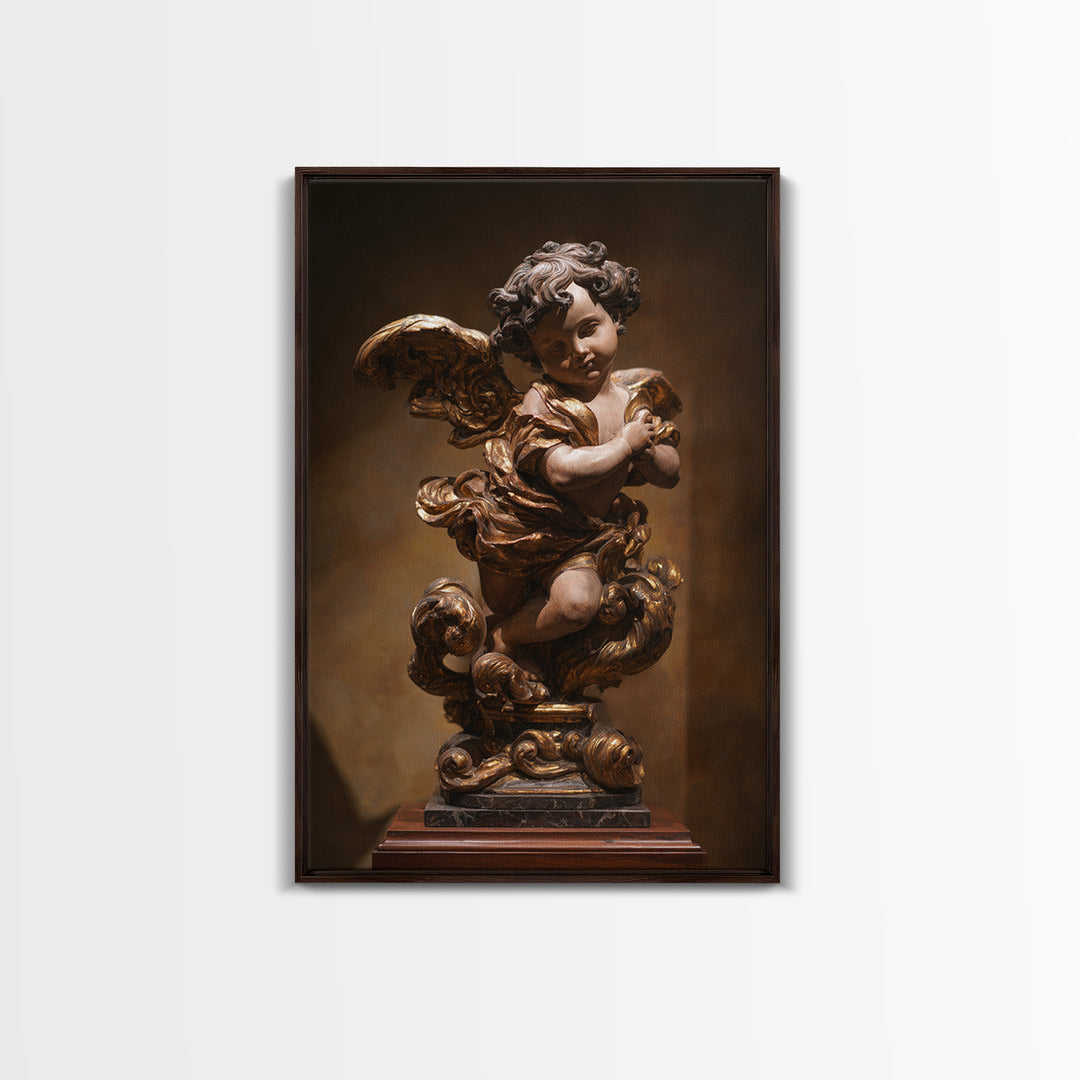 Ornate Cherub Figure Surrounded by Clouds and Framed Canvas Print, Baroque Art, Neutral Decor, Living Room Decor, Oil Painting, BAO-2x3-34