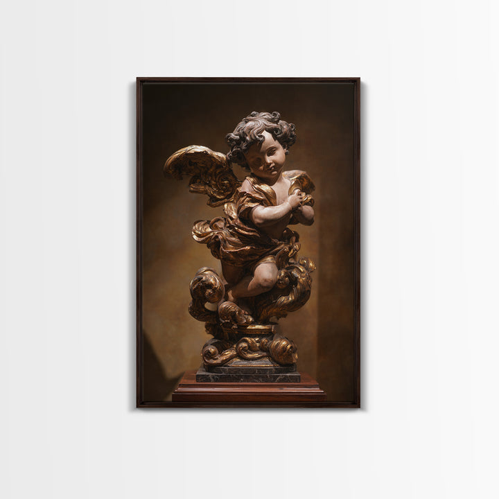 Ornate Cherub Figure Surrounded by Clouds and Framed Canvas Print, Baroque Art, Neutral Decor, Living Room Decor, Oil Painting, BAO-2x3-34
