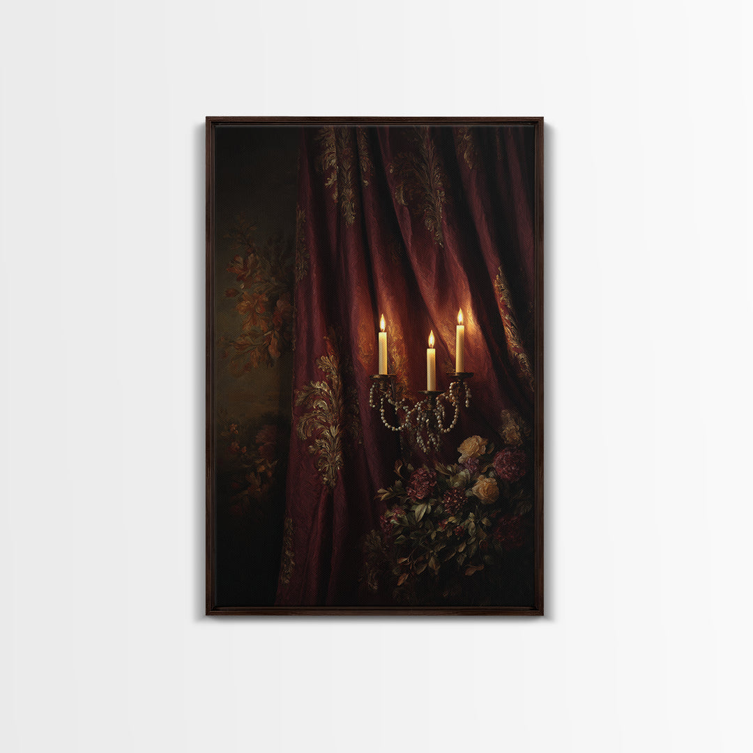 Velvet Drapery with Pearls Flowers and Candlelight Canvas Print, Baroque Art, Portrait Painting, Living Room Decor, Ornate, BAO-2x3-35