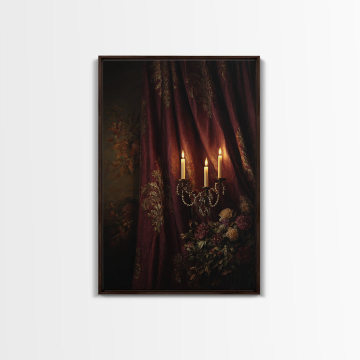 Velvet Drapery with Pearls Flowers and Candlelight Canvas Print, Baroque Art, Portrait Painting, Living Room Decor, Ornate, BAO-2x3-35