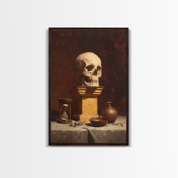 Skull and Hourglass Vanitas Still Life Framed Canvas Print, Baroque Art, Neutral Decor, Living Room Decor, Fine Art, Ornate, BAO-2x3-37
