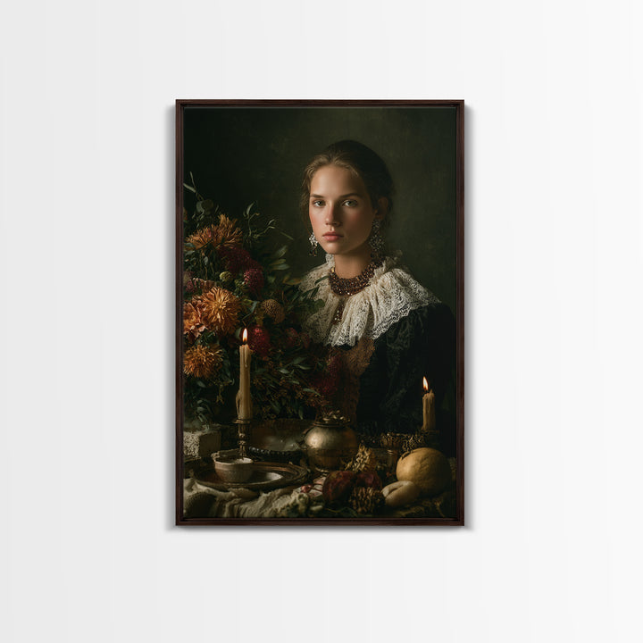 Classical Portrait with Lace Collar and Jewel Canvas Print, Baroque Art, Gallery Wall, Living Room Decor, Oil Painting, Ornate, BAO-2x3-39