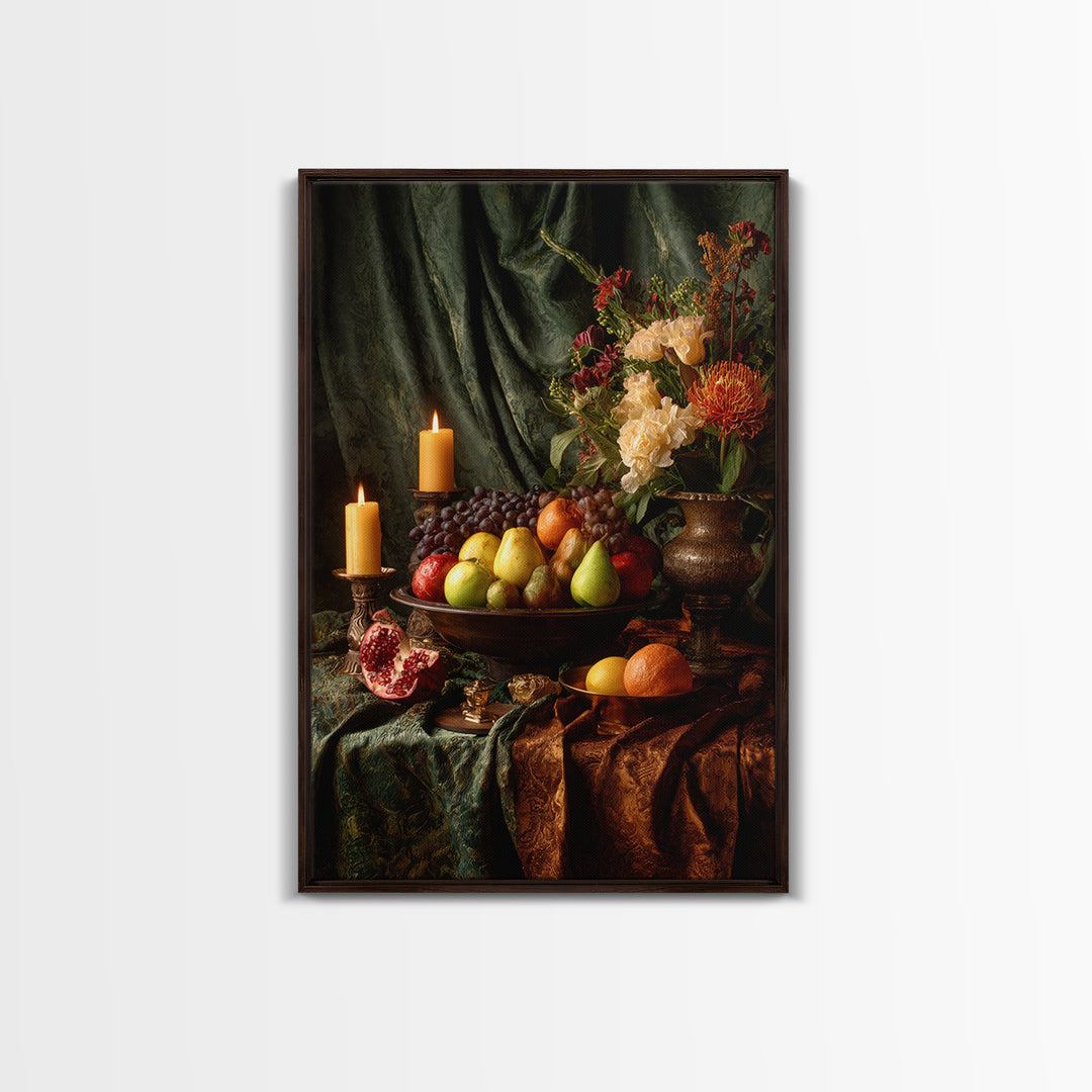 Lavish Banquet Fruit Composition Framed Canvas Print, Baroque Art, Eclectic Wall Art, Living Room Decor, Fine Art, Ornate, BAO-2x3-4