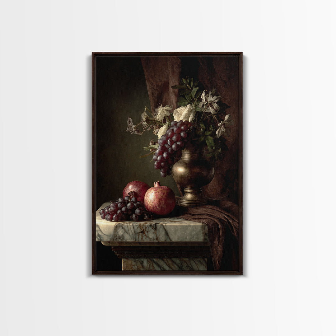 Pomegranate and Grapes on a Marble Ledge Canvas Print, Baroque Art, Moody Wall Art, Living Room Decor, Fine Art, Ornate, BAO-2x3-40