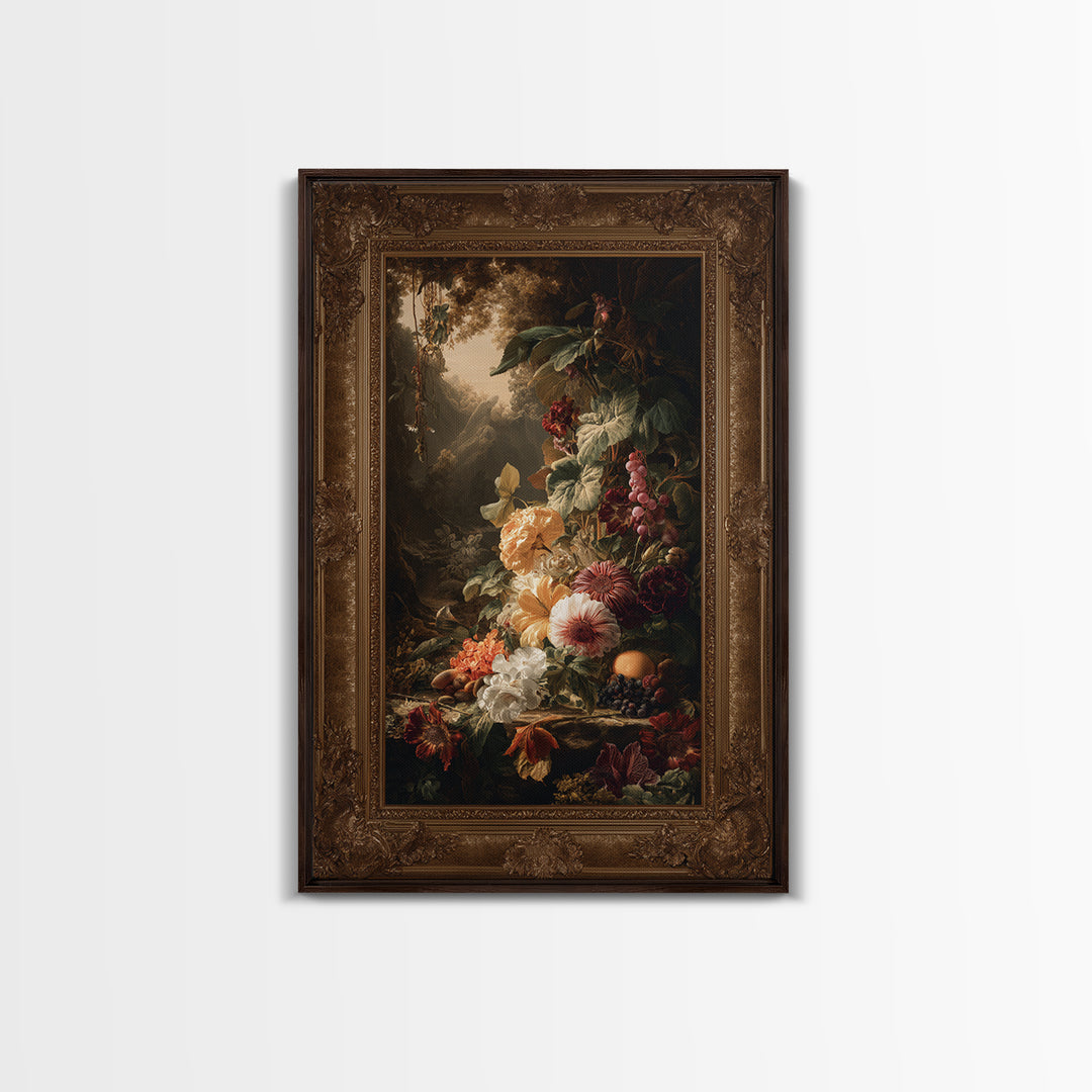 Ornate Gold Frame Illusion Around a Botanical Framed Canvas Print, Baroque Art, Modern Decor, Living Room Decor, Ornate, BAO-2x3-41