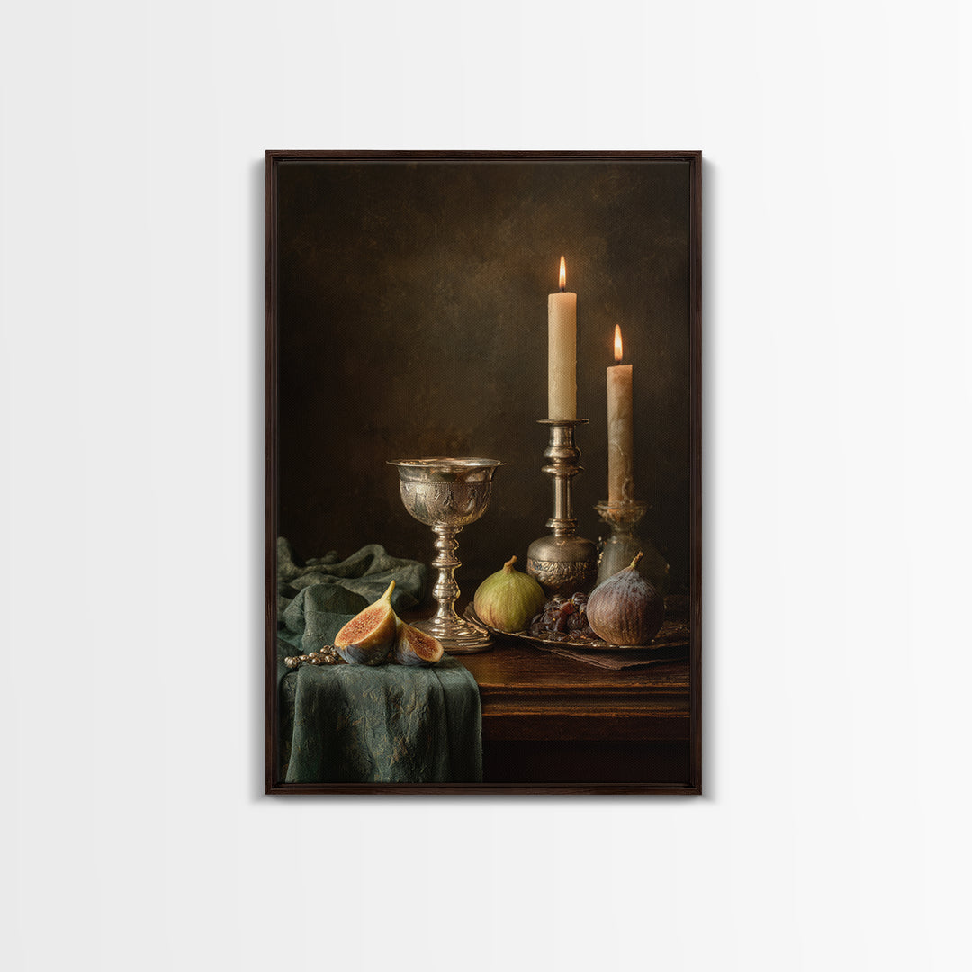 Candlelit Table with Silver Goblet and Figs Canvas Print, Baroque Art, Fine Art Print, Living Room Decor, Fine Art, Ornate, BAO-2x3-45