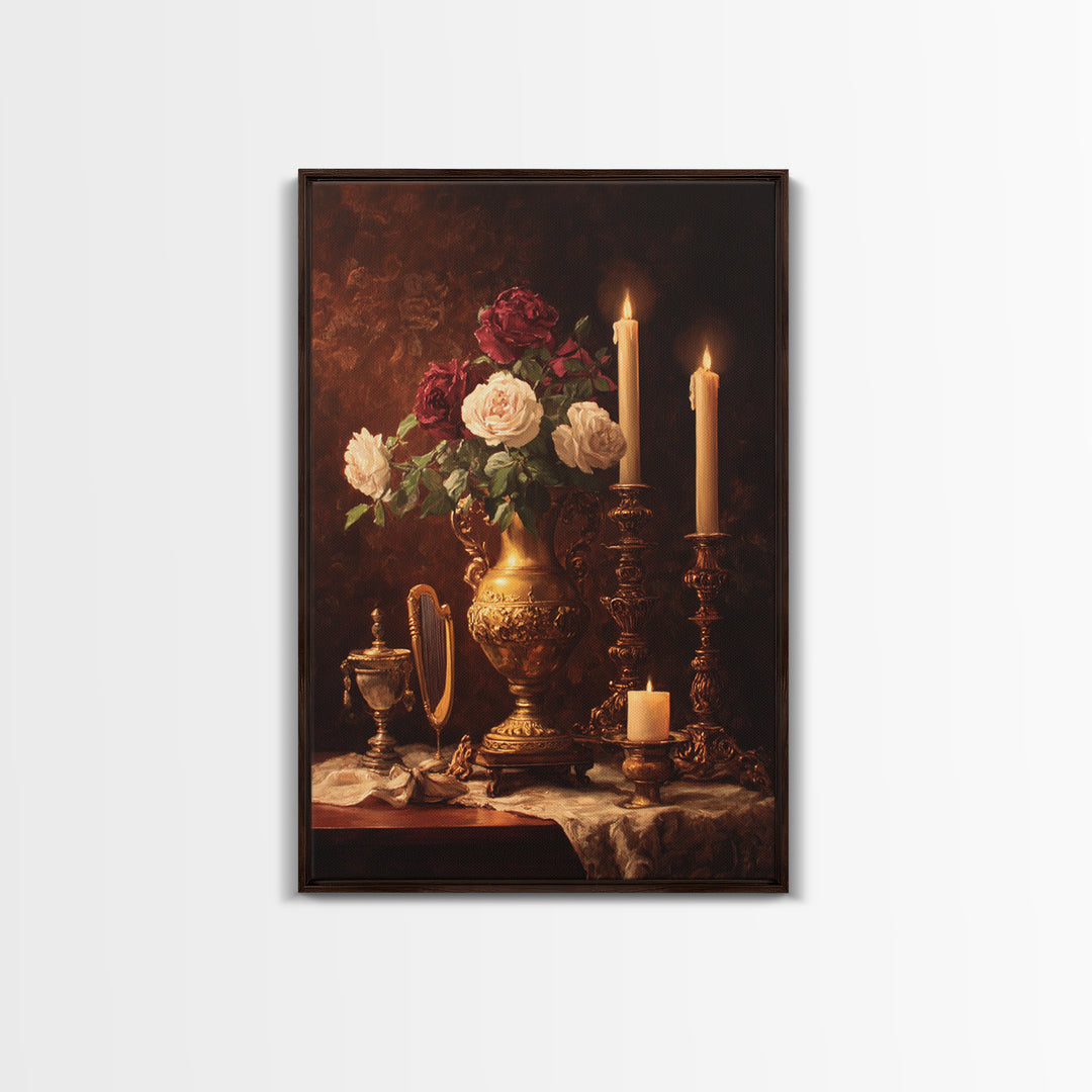 Golden Harp and Roses Canvas Print, Baroque Art, Gallery Decor, Living Room Decor, Fine Art, Ornate, Minimalist Decor, BAO-2x3-50