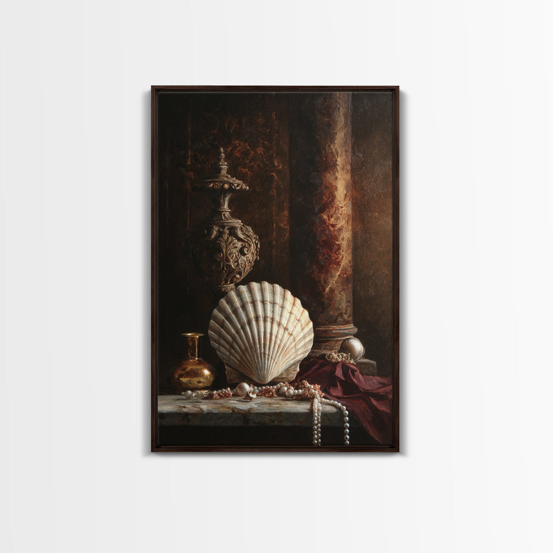 Ornamental Shell and Pearl Composition Framed Canvas Print, Baroque Art, Feminist Art, Living Room Decor, Fine Art, Ornate, BAO-2x3-6