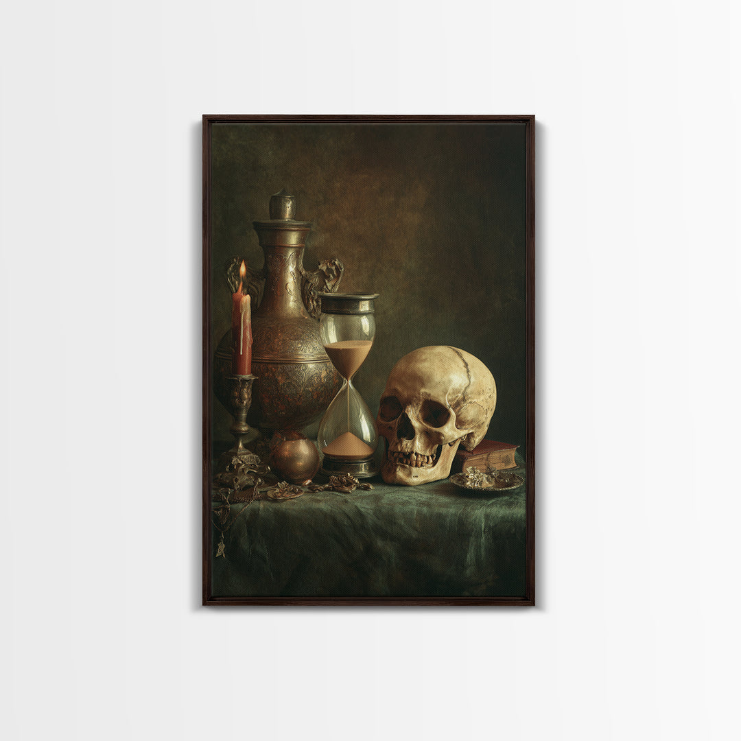 Skull and Hourglass Vanitas Still Life Canvas Print, Baroque Art, Luxury Decor, Living Room Decor, Ornate, Oil Painting, BAO-2x3-61