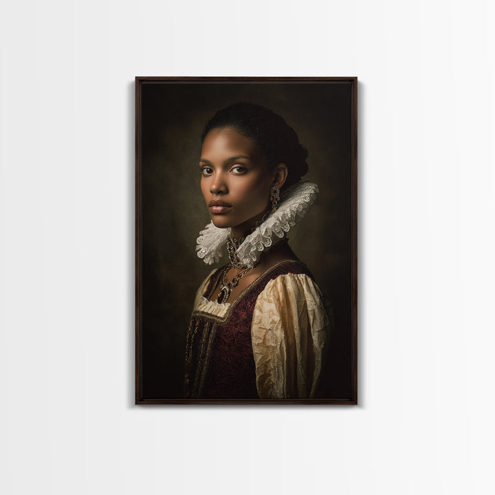 Classical Portrait with Lace Collar and Jewel Framed Canvas Print, Baroque Art, Feminist Art, Living Room Decor, Ornate, BAO-2x3-63