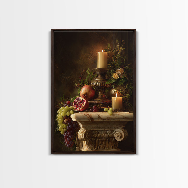 Pomegranate and Grapes on a Marble Ledge Framed Canvas Print, Baroque Art, Dark Academia Art, Living Room Decor, Ornate, BAO-2x3-64