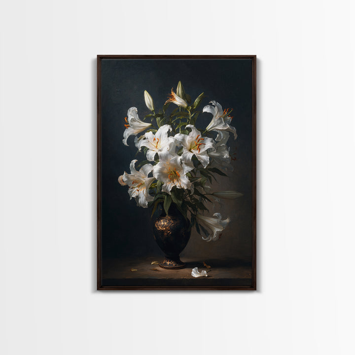 Dramatic White Lilies Framed Canvas Print, Baroque Art, Modern Decor, Living Room Decor, Fine Art, Ornate, Poster, Painting, BAO-2x3-68