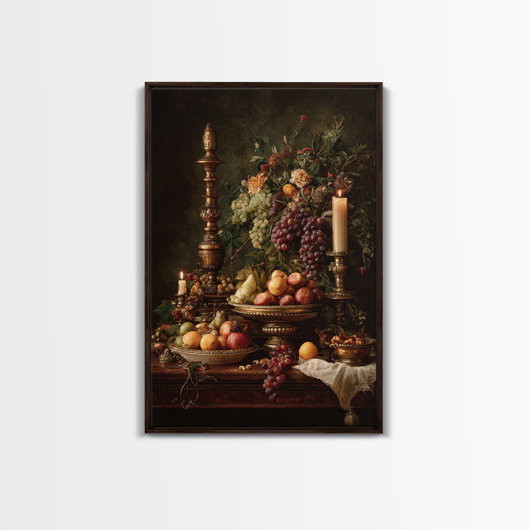 Lavish Banquet Fruit Composition Framed Canvas Print, Baroque Art, Textured Painting, Living Room Decor, Fine Art, Ornate, BAO-2x3-76