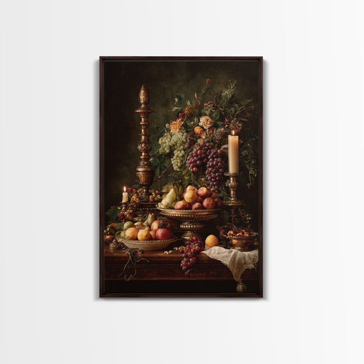 Lavish Banquet Fruit Composition Framed Canvas Print, Baroque Art, Textured Painting, Living Room Decor, Fine Art, Ornate, BAO-2x3-76