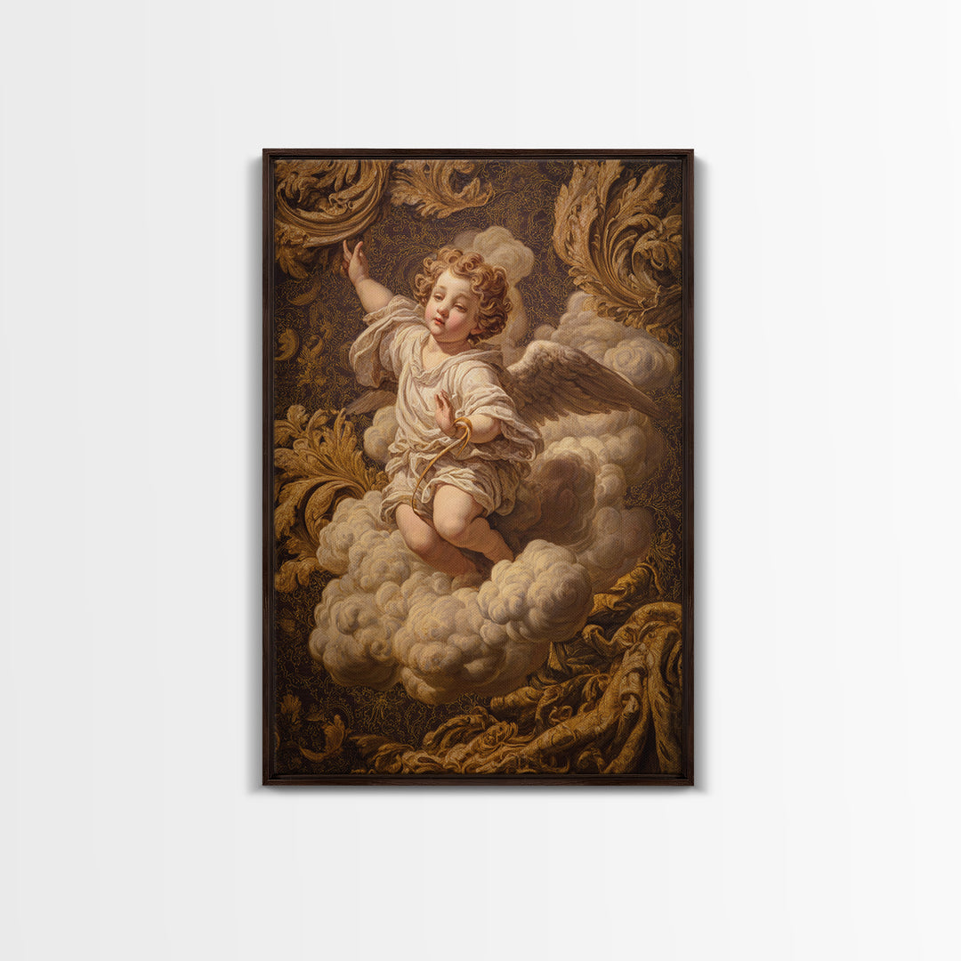 Ornate Cherub Figure Surrounded by Clouds and Canvas Print, Baroque Art, Luxury Decor, Living Room Decor, Fine Art, Ornate, BAO-2x3-82