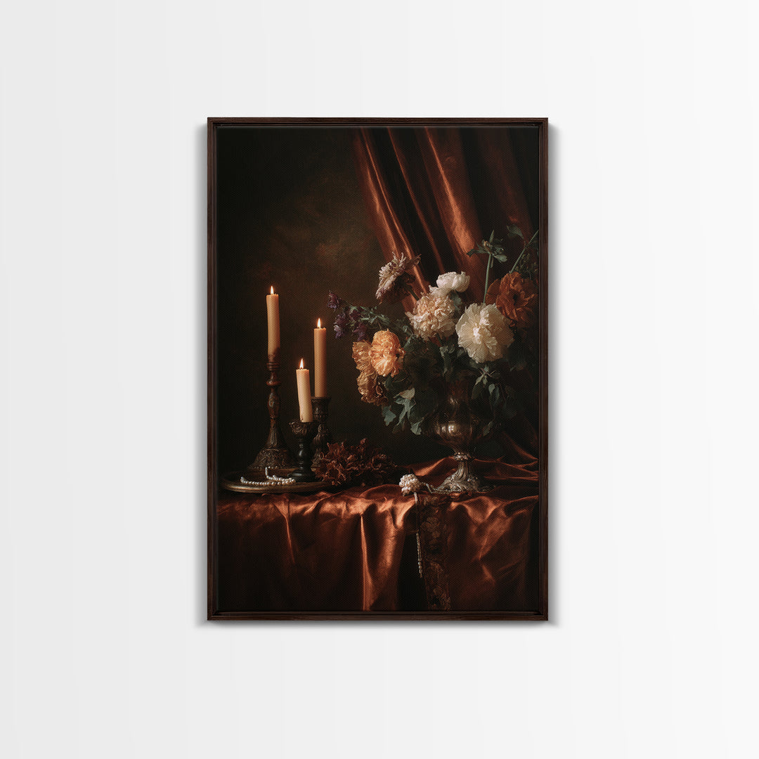 Velvet Drapery with Pearls Flowers and Candlelight Framed Canvas Print, Baroque Art, Boho Decor, Living Room Decor, Ornate, BAO-2x3-83