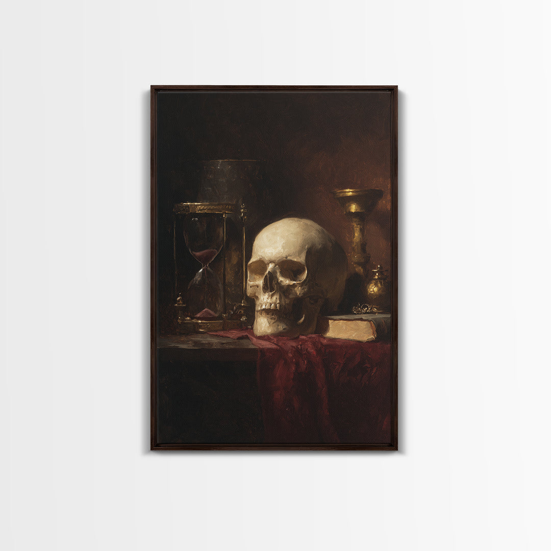 Skull and Hourglass Vanitas Still Life Framed Canvas Print, Baroque Art, Contemporary Art, Living Room Decor, Fine Art, Ornate, BAO-2x3-85