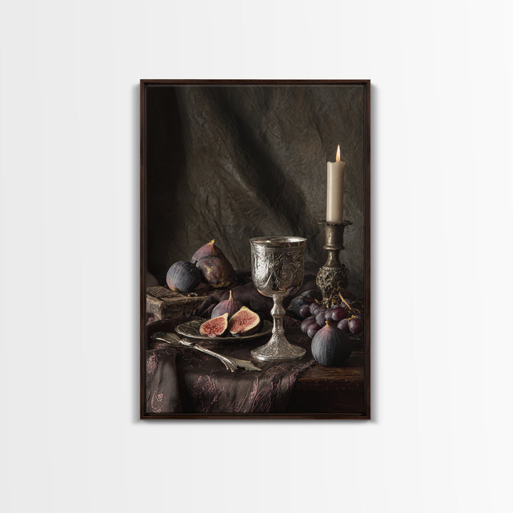 Candlelit Table with Silver Goblet and Figs Framed Canvas Print, Baroque Art, Room Decor, Living Room Decor, Fine Art, Ornate, BAO-2x3-93