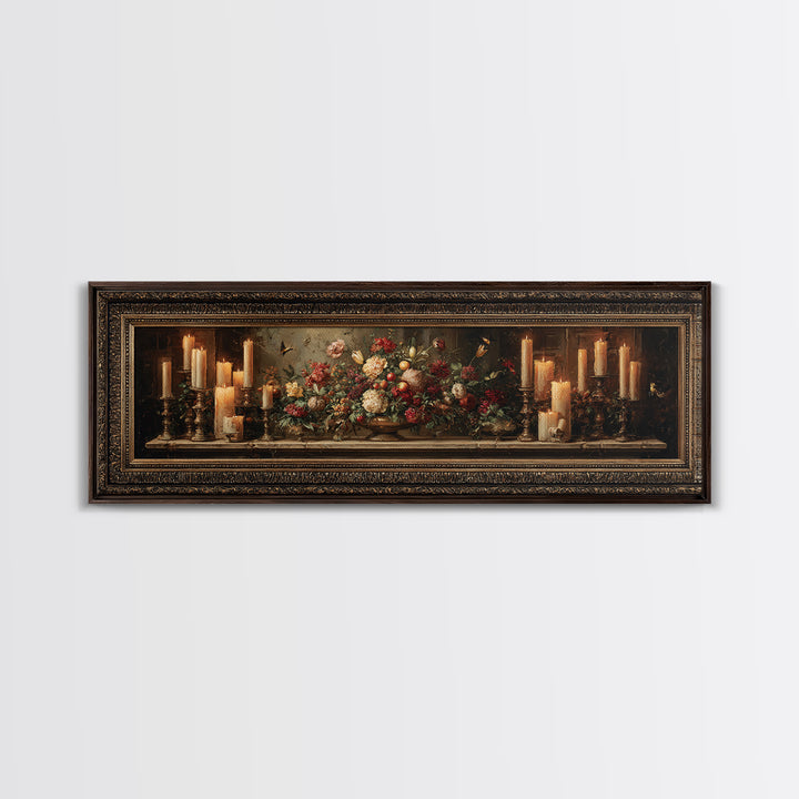 Ornate Gold Frame Illusion Around a Botanical Framed Canvas Print, Baroque Art, Wall Art, Living Room Decor, Fine Art, Ornate, BAO-3x1-1