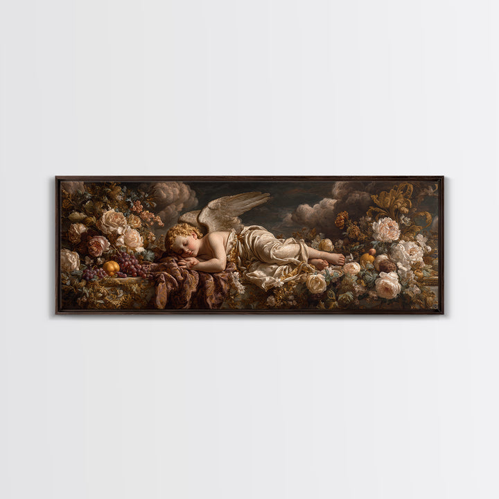 Ornate Cherub Figure Surrounded by Clouds and Framed Canvas Print, Baroque Art, Contemporary Art, Living Room Decor, Ornate, BAO-3x1-18
