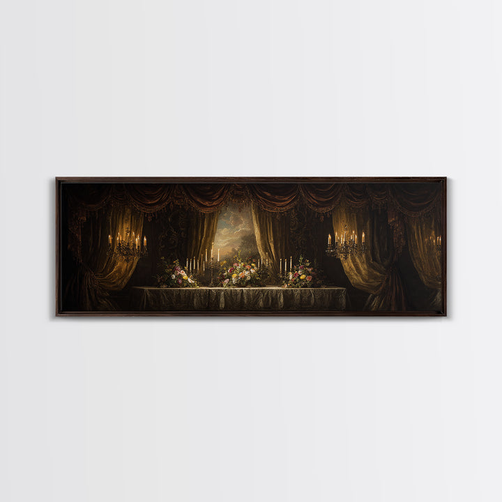 Velvet Drapery with Pearls Flowers and Candlelight Canvas Print, Baroque Art, Baroque, Living Room Decor, Watercolor Art, BAO-3x1-19