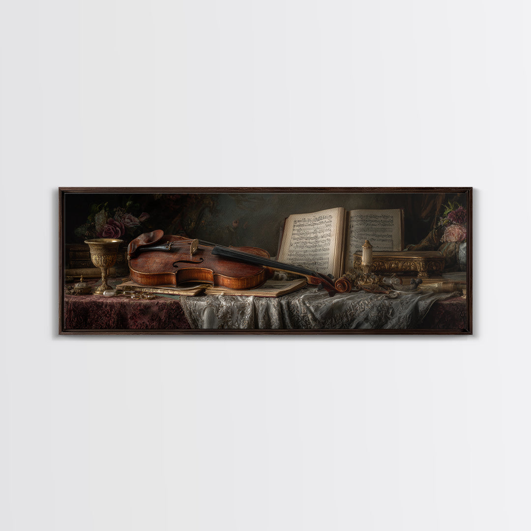 Baroque Violin and Sheet Music Still Life Framed Canvas Print, Baroque Art, Home Decor, Living Room Decor, Fine Art, Ornate, BAO-3x1-27