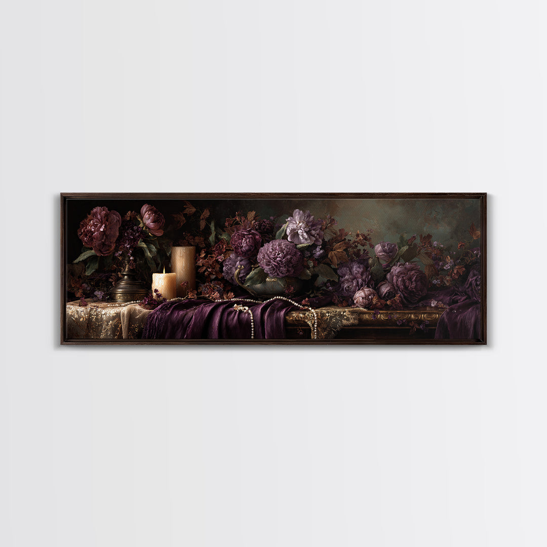 Velvet Drapery with Pearls Flowers and Candlelight Canvas Print, Baroque Art, Art Print, Living Room Decor, Fine Art, Ornate, BAO-3x1-43