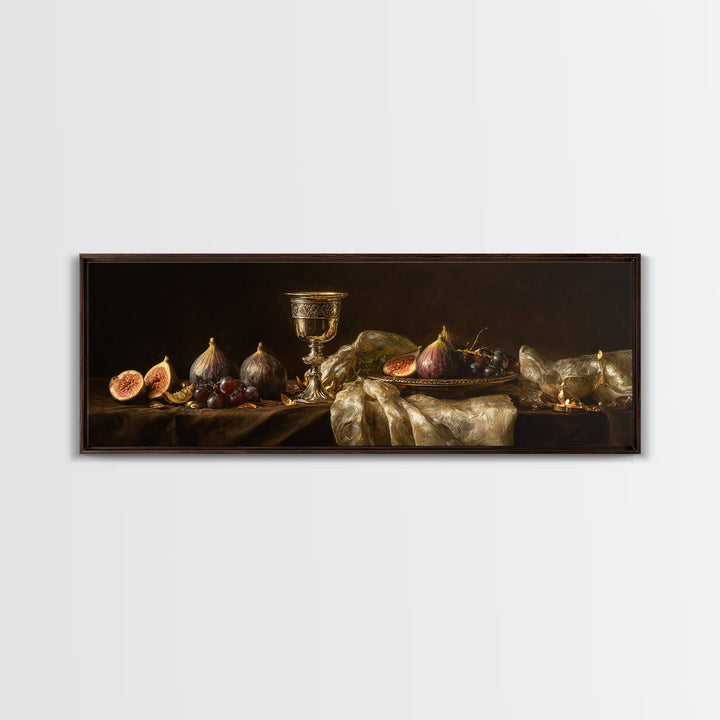 Candlelit Table with Silver Goblet and Figs Framed Canvas Print, Baroque Art, Oil Painting, Living Room Decor, Fine Art, Ornate, BAO-3x1-53
