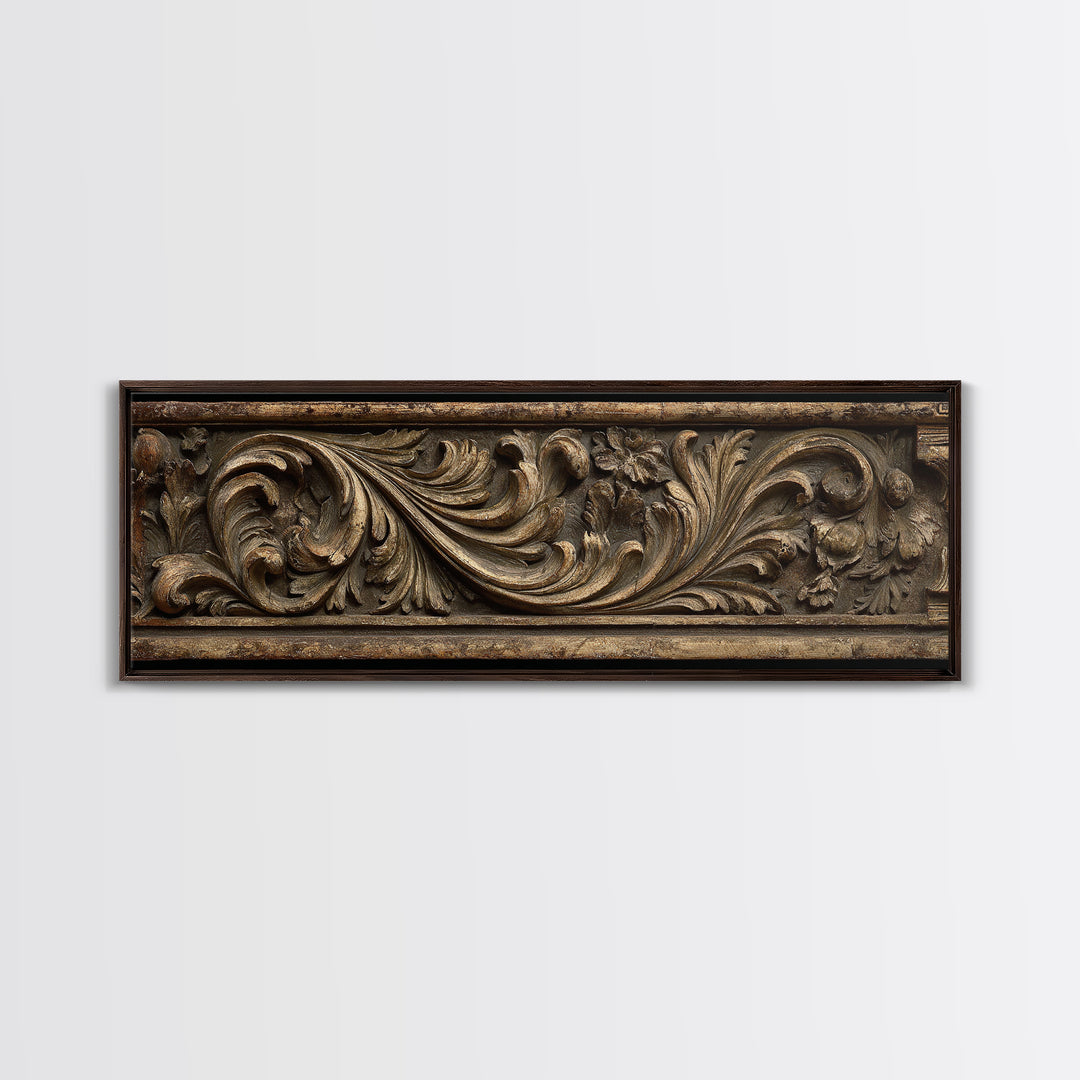 Carved Acanthus Leaf Ornament Study Framed Canvas Print, Baroque Art, Boho Decor, Living Room Decor, Oil Painting, Ornate, BAO-3x1-55