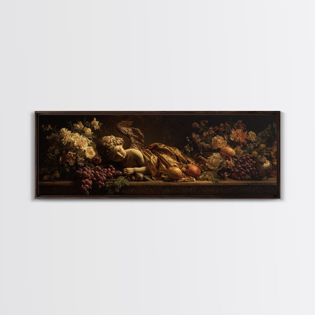 Ornate Cherub Figure Surrounded by Clouds and Canvas Print, Baroque Art, Living Room Decor, Oil Painting, Ornate, BAO-3x1-66