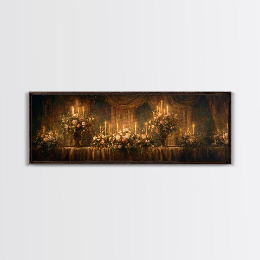 Velvet Drapery with Pearls Flowers and Candlelight Framed Canvas Print, Baroque Art, Wall Art, Living Room Decor, Ornate, BAO-3x1-67