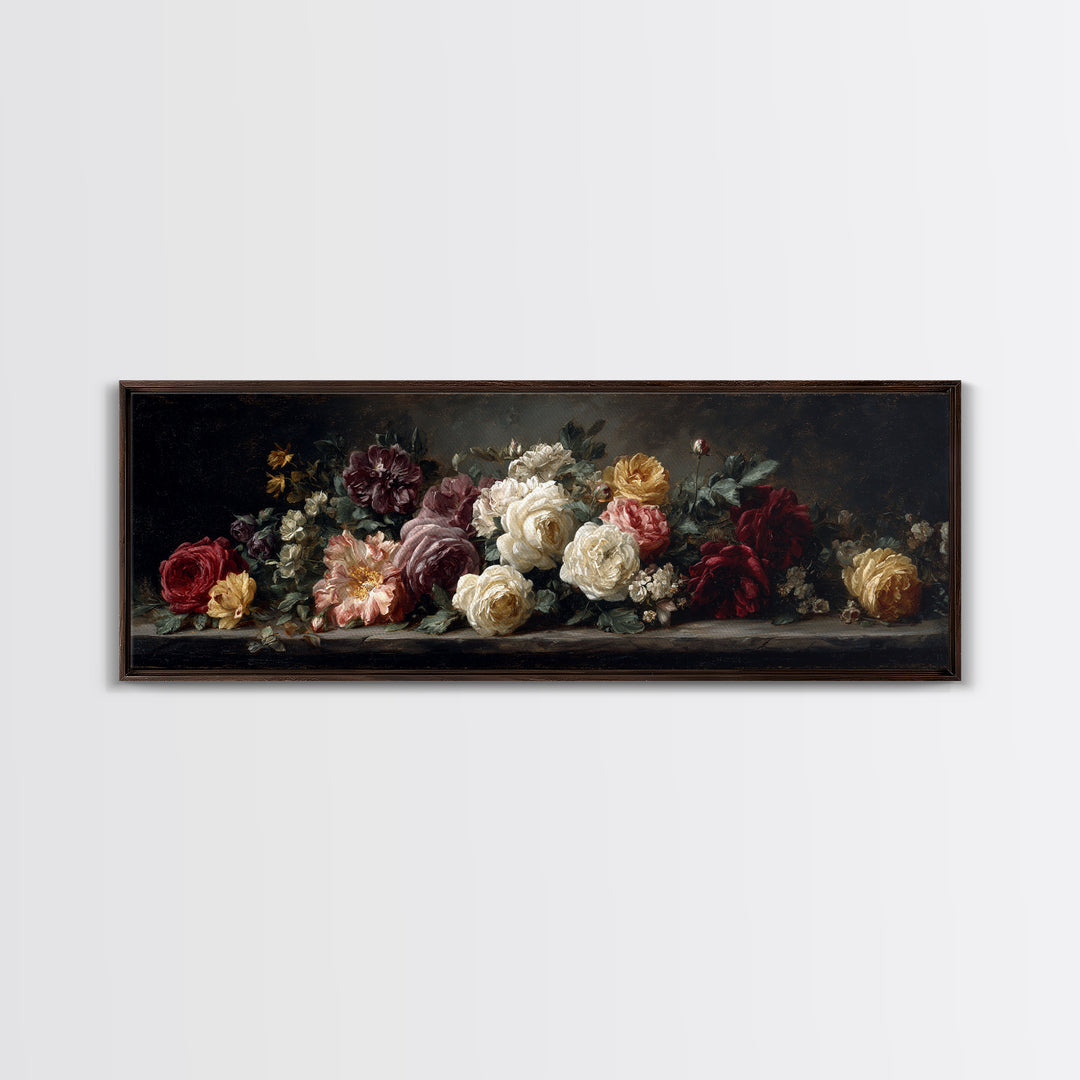 Dark Floral Arrangement Framed Canvas Print, Baroque Art, Room Decor, Living Room Decor, Fine Art, Ornate, Digital Wall Art, BAO-3x1-68