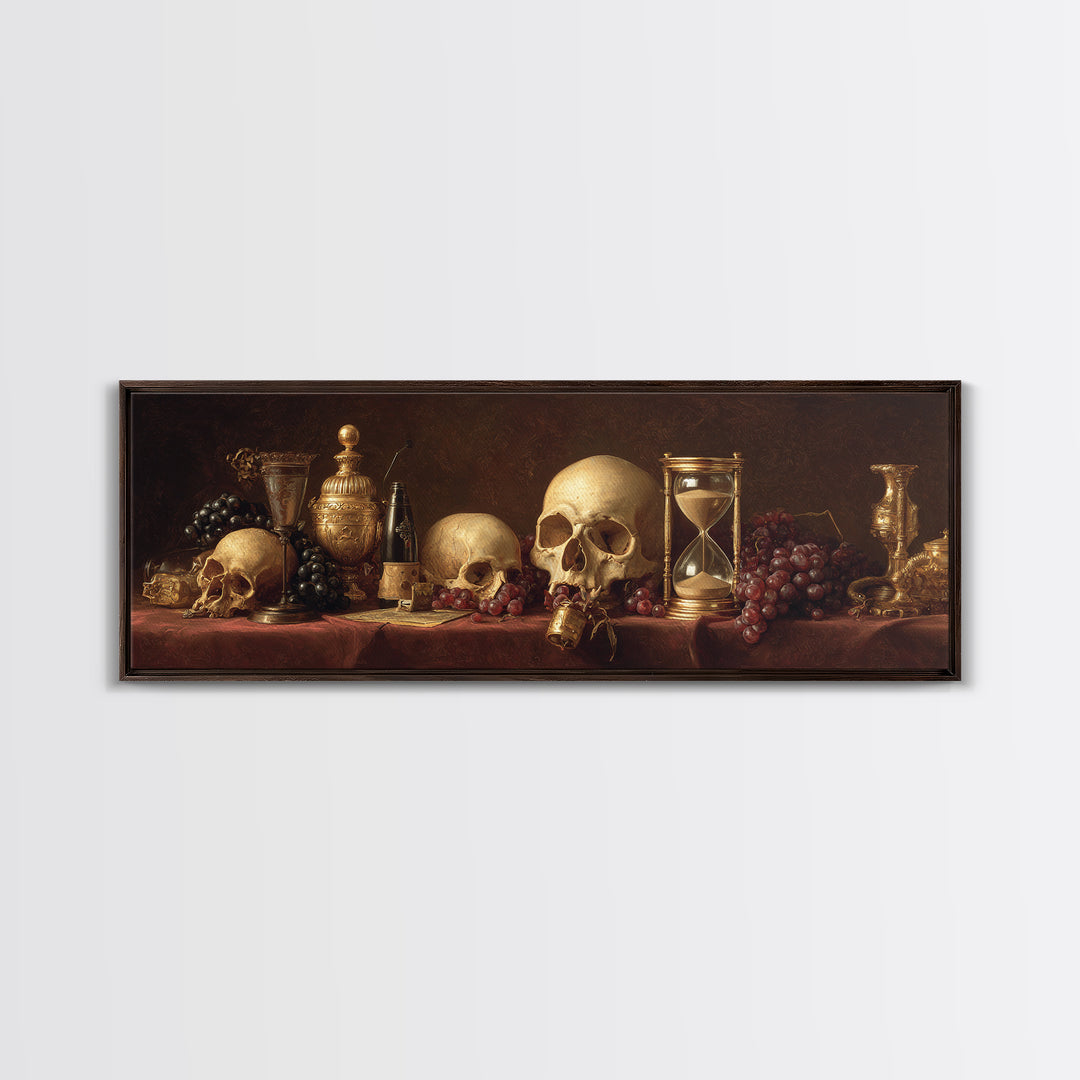Skull and Hourglass Vanitas Still Life Framed Canvas Print, Baroque Art, Whimsical Decor, Living Room Decor, Fine Art, Ornate, BAO-3x1-69