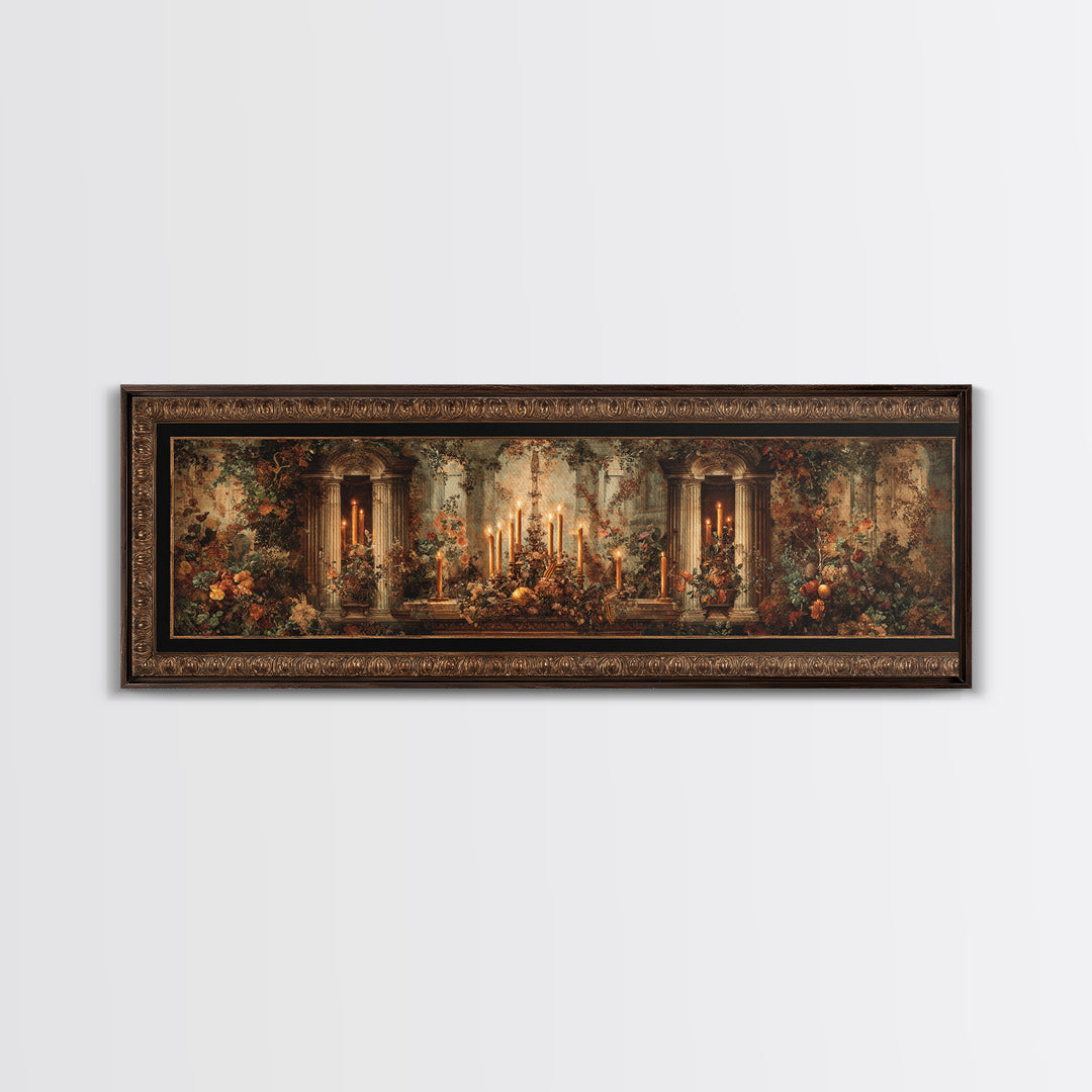 Ornate Gold Frame Illusion Around a Botanical Framed Canvas Print, Baroque Art, 3d Wall Art, Living Room Decor, Oil Painting, BAO-3x1-73