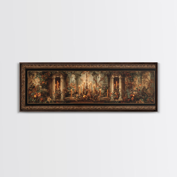 Ornate Gold Frame Illusion Around a Botanical Framed Canvas Print, Baroque Art, 3d Wall Art, Living Room Decor, Oil Painting, BAO-3x1-73