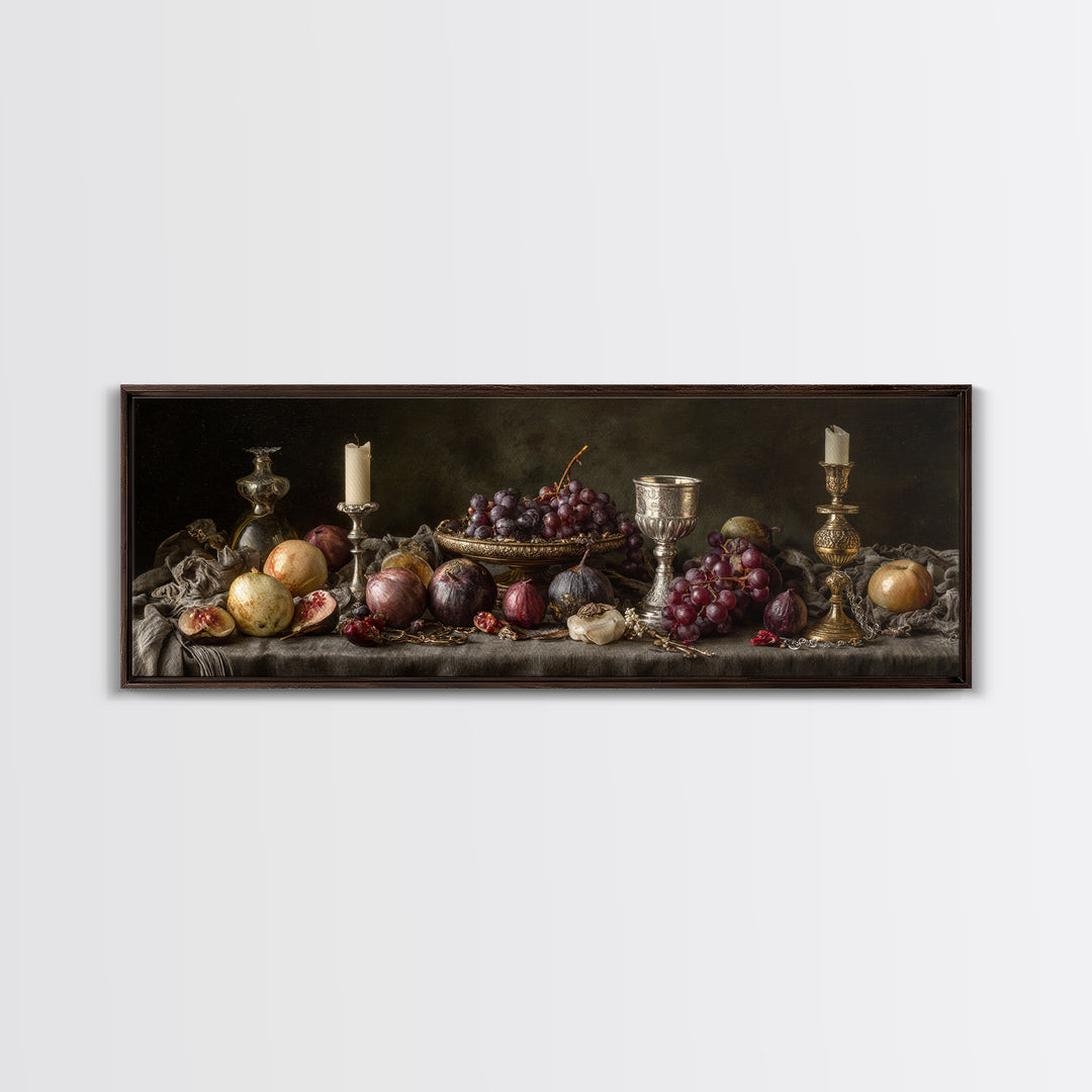 Candlelit Table with Silver Goblet and Figs Framed Canvas Print, Baroque Art, Oil Painting, Living Room Decor, Fine Art, Ornate, BAO-3x1-77