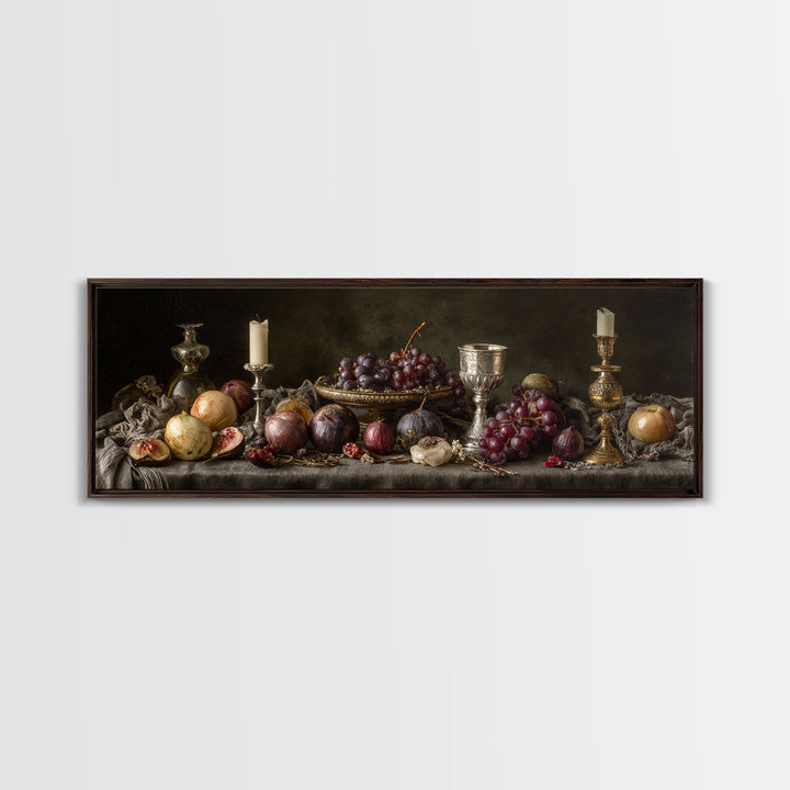 Candlelit Table with Silver Goblet and Figs Framed Canvas Print, Baroque Art, Oil Painting, Living Room Decor, Fine Art, Ornate, BAO-3x1-77