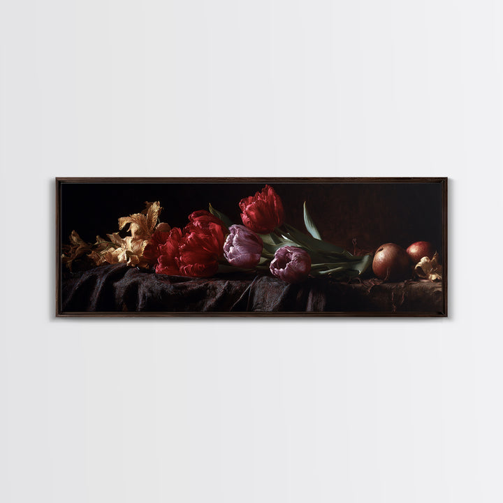 Black Background Tulips Canvas Print, Baroque Art, Gallery Wall, Living Room Decor, Ornate, Neutral Decor, Modern Decor, BAO-3x1-8