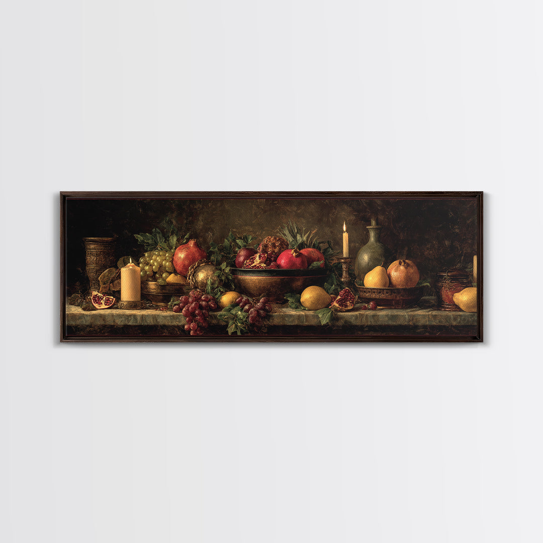 Dramatic Fruit Still Life Framed Canvas Print, Baroque Art, Living Room Wall Art, Living Room Decor, Oil Painting, Ornate, BAO-3x1-89