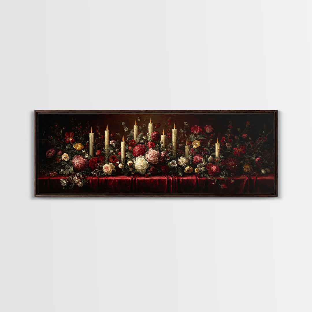 Velvet Drapery with Pearls Flowers and Candlelight Canvas Print, Baroque Art, Portrait Painting, Living Room Decor, Ornate, BAO-3x1-91