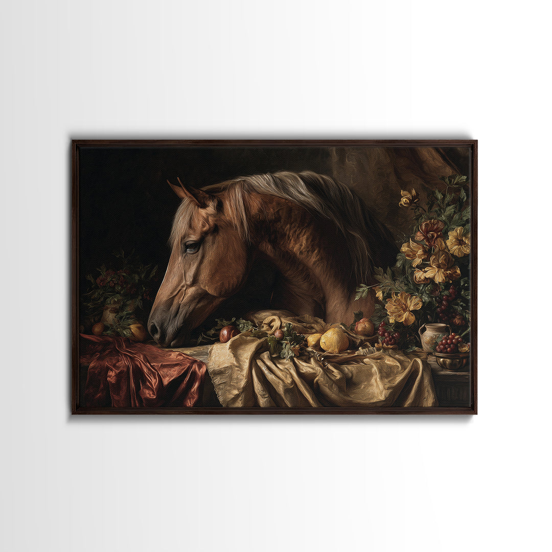 Dramatic Horse Portrait Framed Canvas Print, Baroque Art, Modern Wall Art, Living Room Decor, Oil Painting, Ornate, BAO-3x2-100