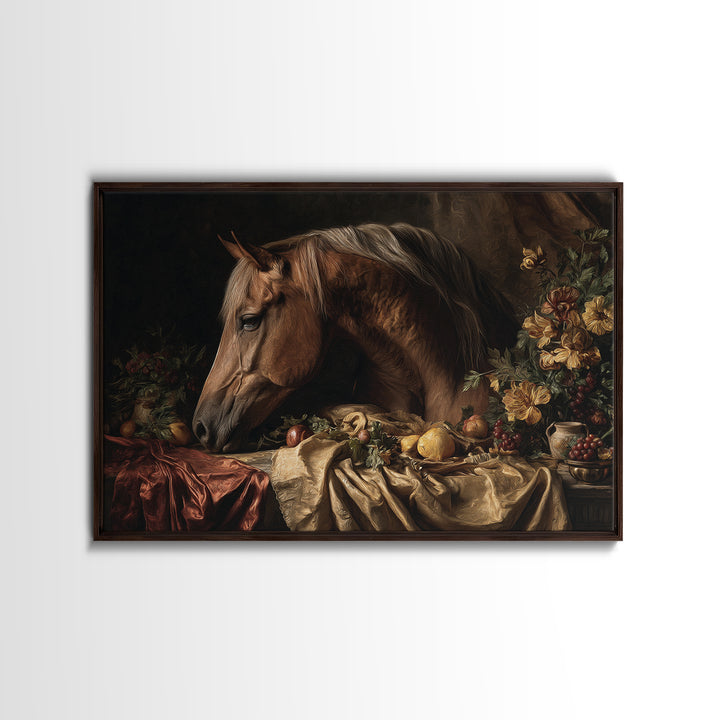 Dramatic Horse Portrait Framed Canvas Print, Baroque Art, Modern Wall Art, Living Room Decor, Oil Painting, Ornate, BAO-3x2-100