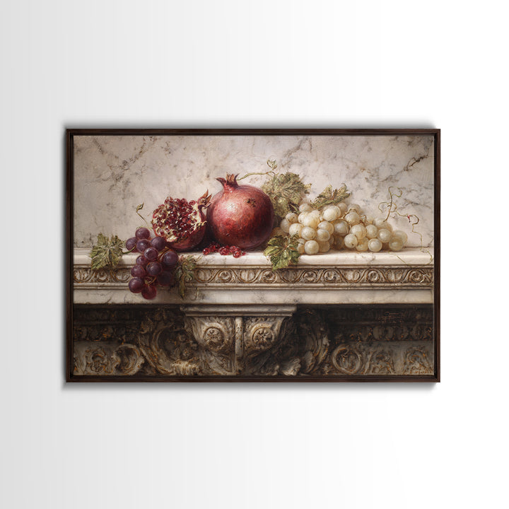 Pomegranate and Grapes on a Marble Ledge Canvas Print, Baroque Art, Luxury Decor, Living Room Decor, Fine Art, Ornate, BAO-3x2-12