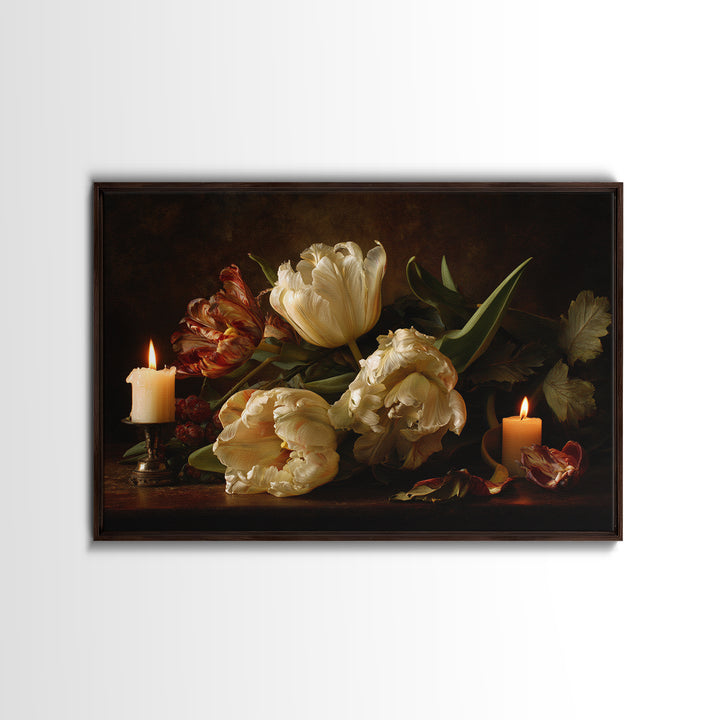 Black Background Tulips Framed Canvas Print, Baroque Art, Room Decor, Living Room Decor, Fine Art, Ornate, Digital Wall Art, BAO-3x2-20