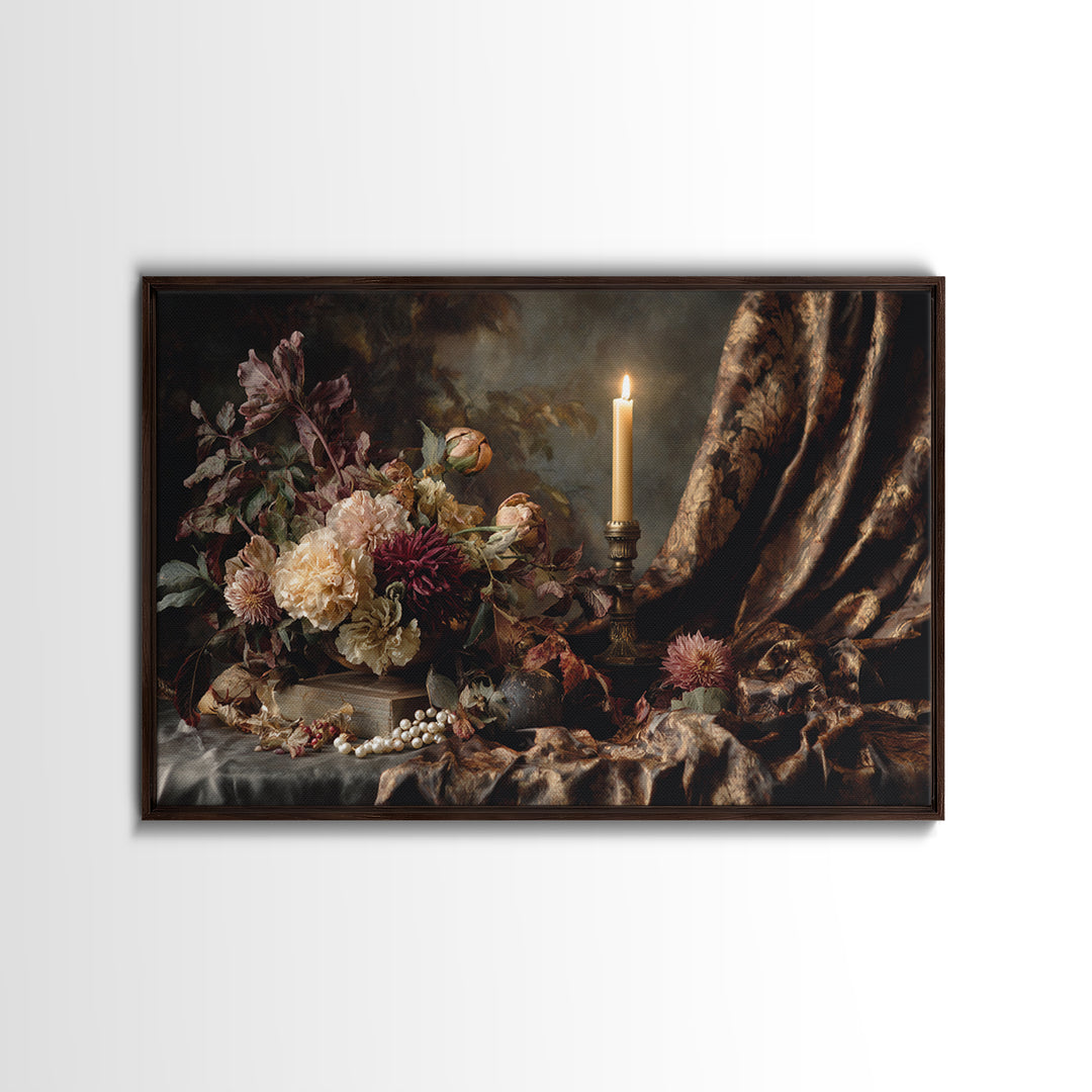 Velvet Drapery with Pearls Flowers and Candlelight Framed Canvas Print, Baroque Art, Painting, Living Room Decor, Ornate, BAO-3x2-31