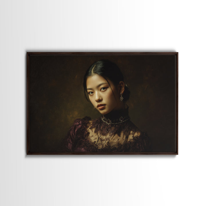 Classical Portrait with Lace Collar and Jewel Framed Canvas Print, Baroque Art, Decor, Living Room Decor, Oil Painting, Ornate, BAO-3x2-35