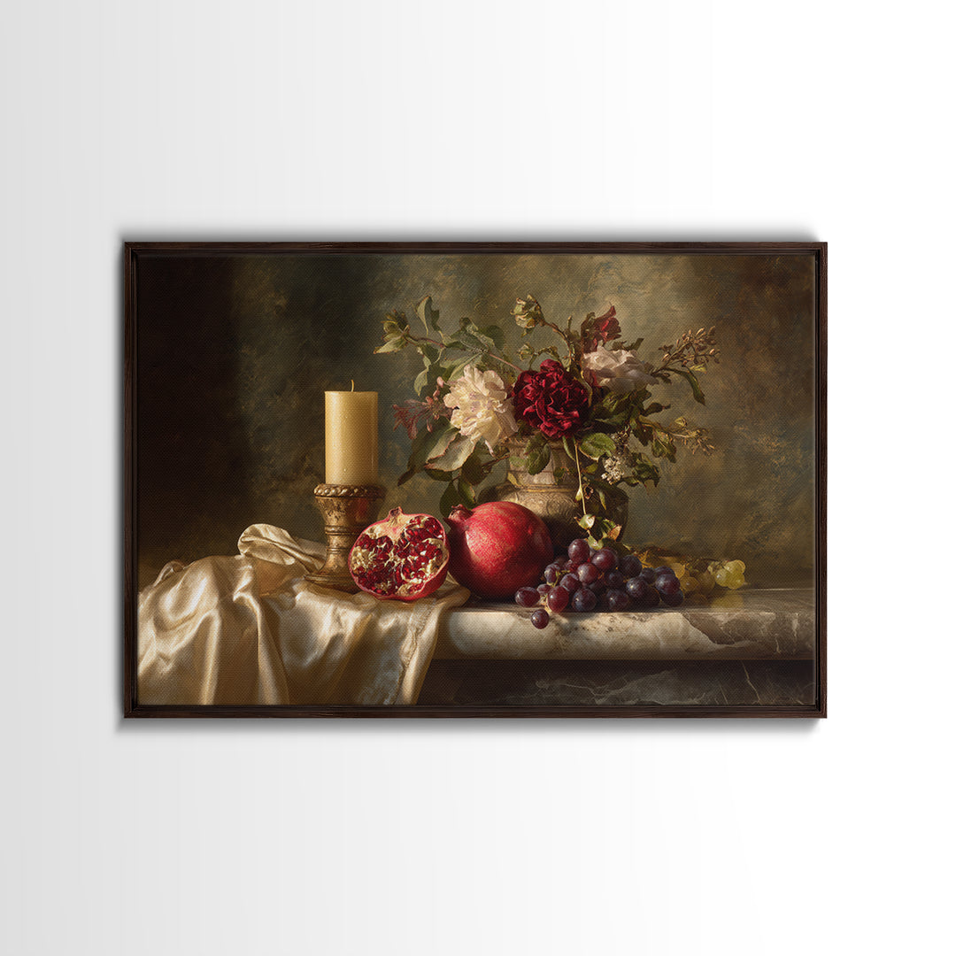 Pomegranate and Grapes on a Marble Ledge Framed Canvas Print, Baroque Art, Contemporary Art, Living Room Decor, Ornate, BAO-3x2-36