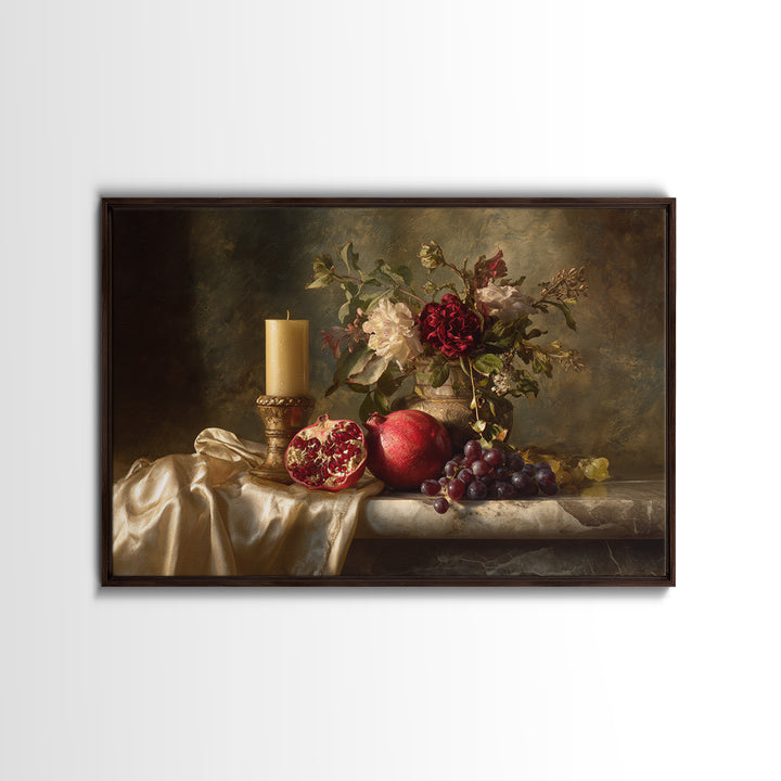 Pomegranate and Grapes on a Marble Ledge Framed Canvas Print, Baroque Art, Contemporary Art, Living Room Decor, Ornate, BAO-3x2-36