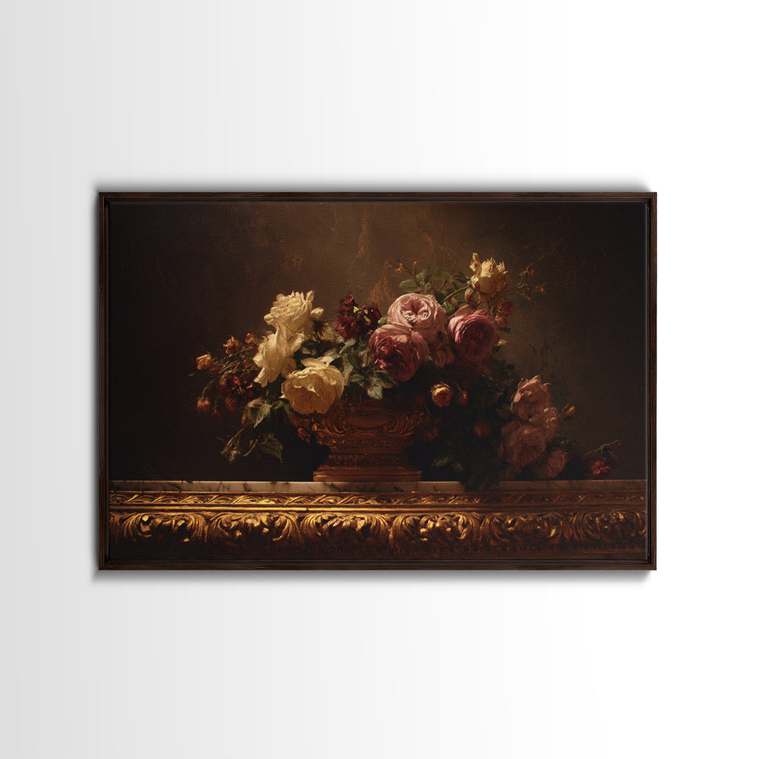Golden Harp and Roses Framed Canvas Print, Baroque Art, Painting, Living Room Decor, Fine Art, Ornate, Living Room Wall Art, BAO-3x2-46