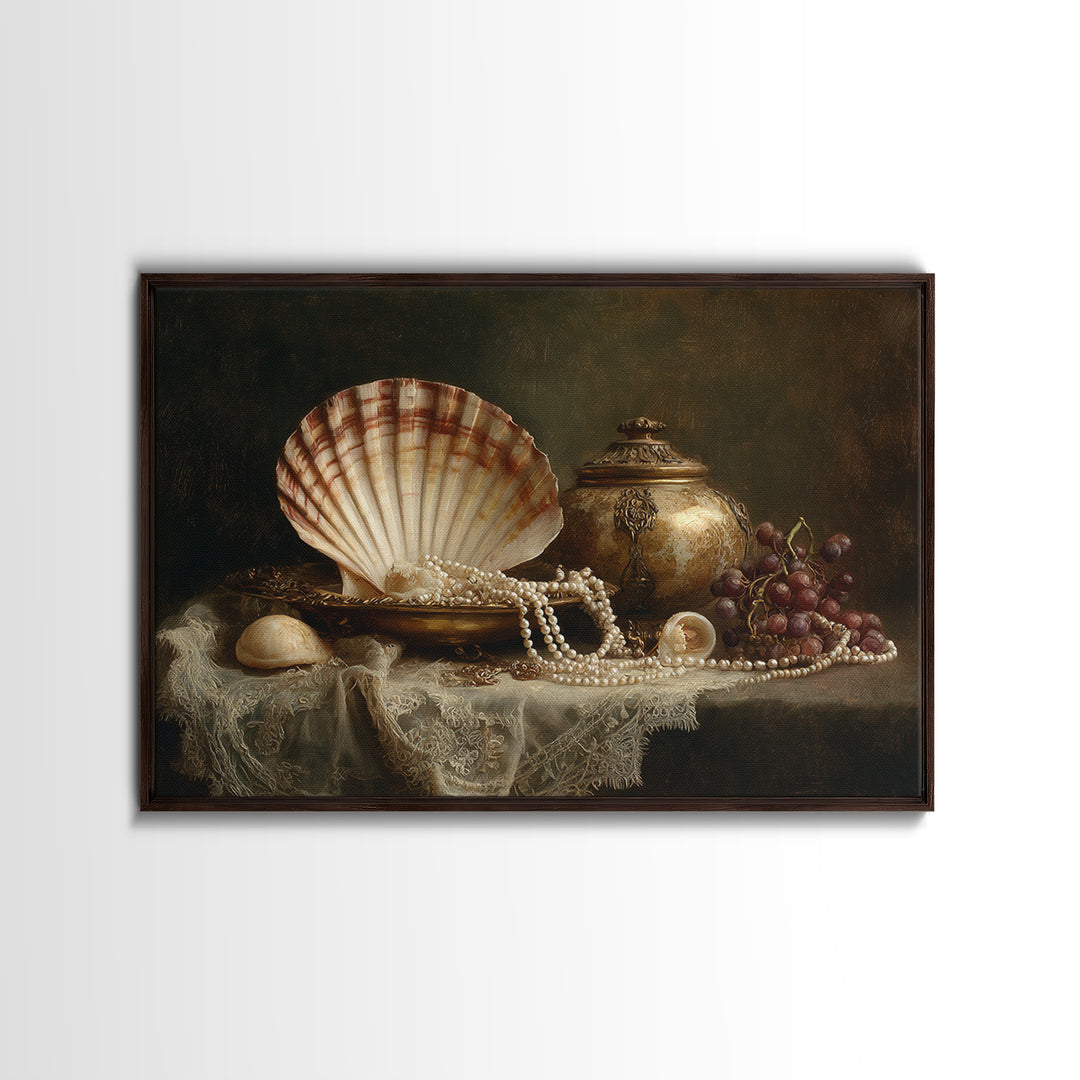 Ornamental Shell and Pearl Composition Framed Canvas Print, Baroque Art, Decor, Living Room Decor, Oil Painting, Ornate, BAO-3x2-50